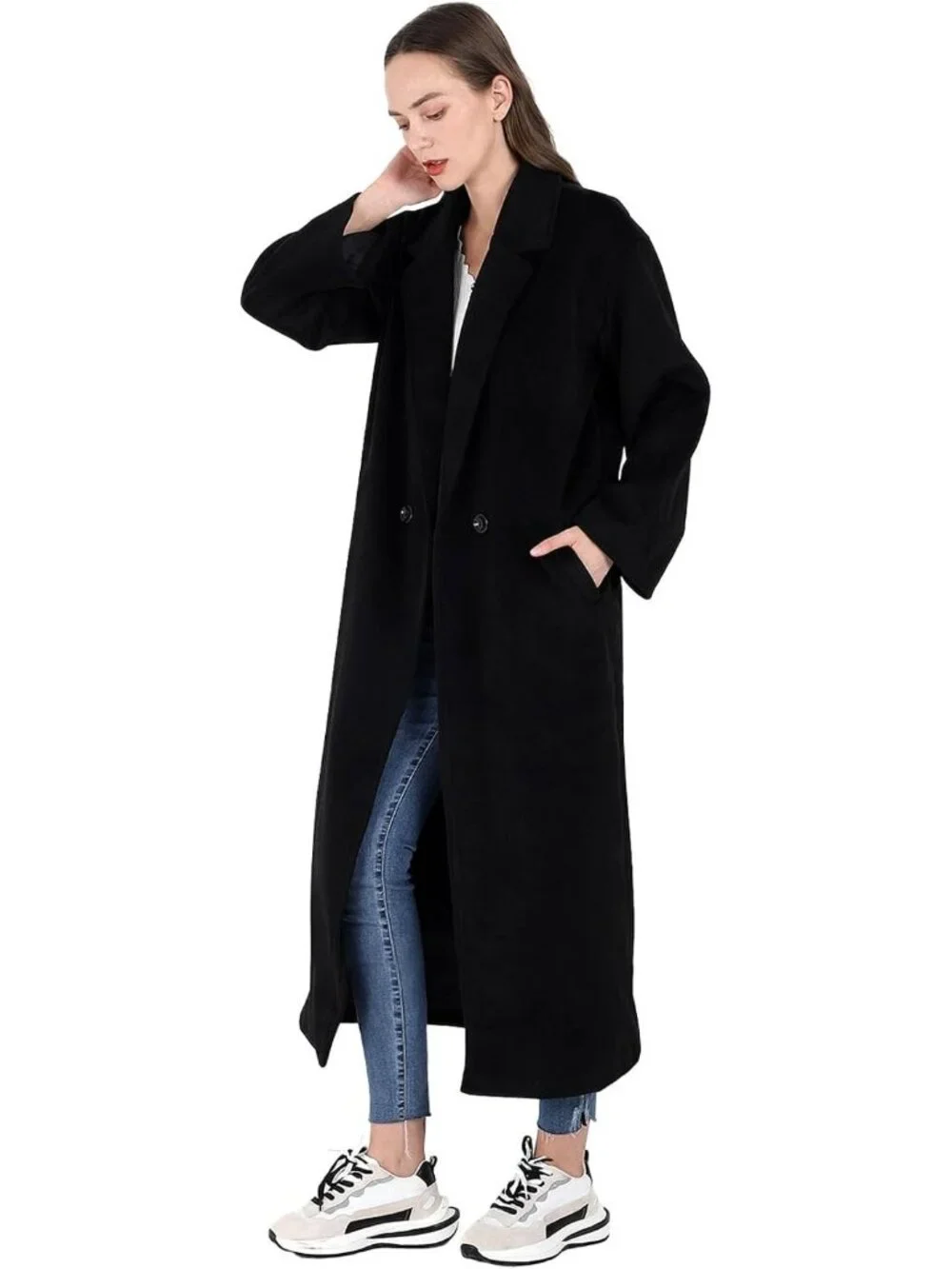 Women's Black Notched Collar Wool Blend Single Breast Midi Long Trench Coat